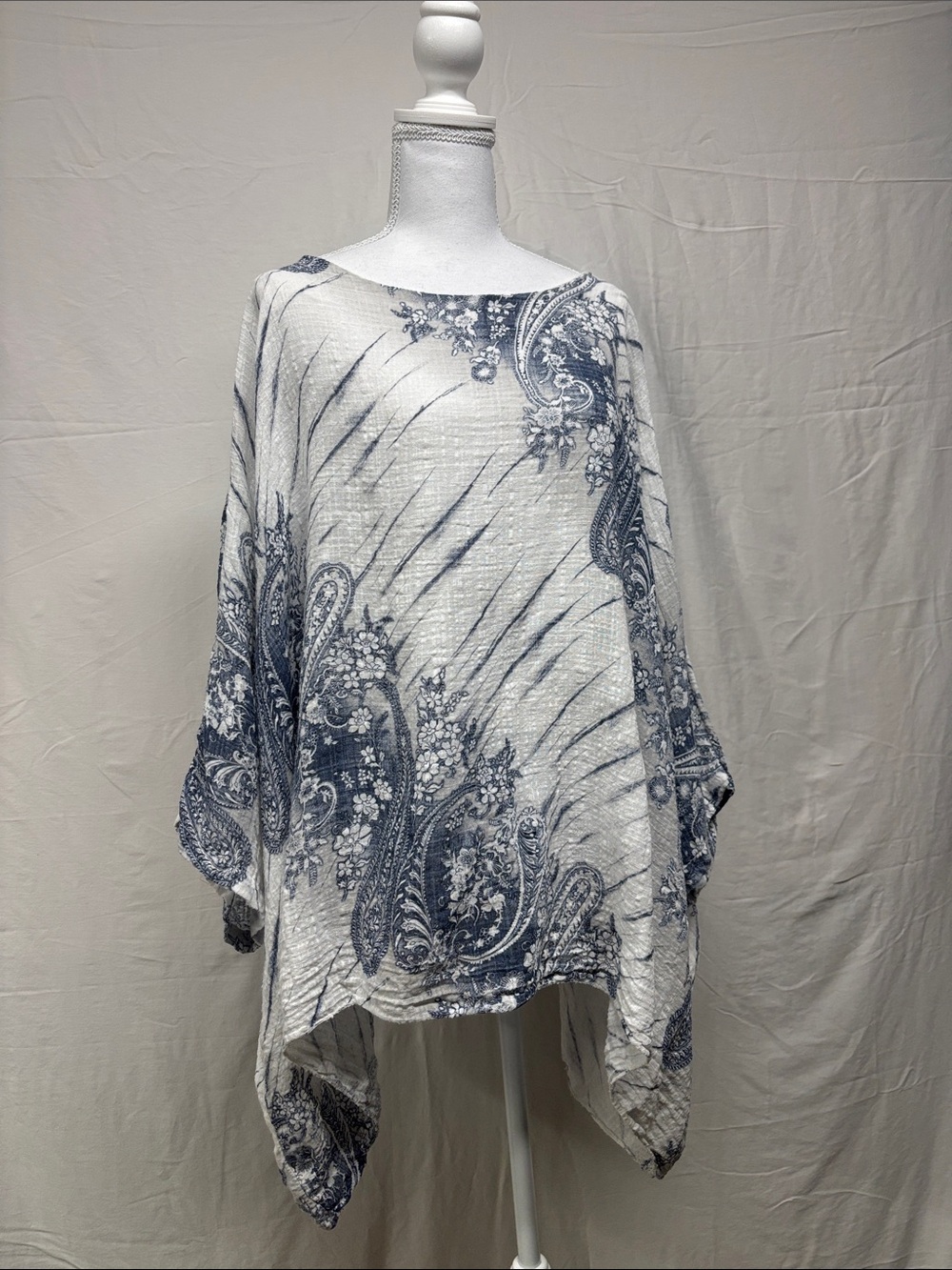 Paisley Print Dolman Tunic in White & Navy